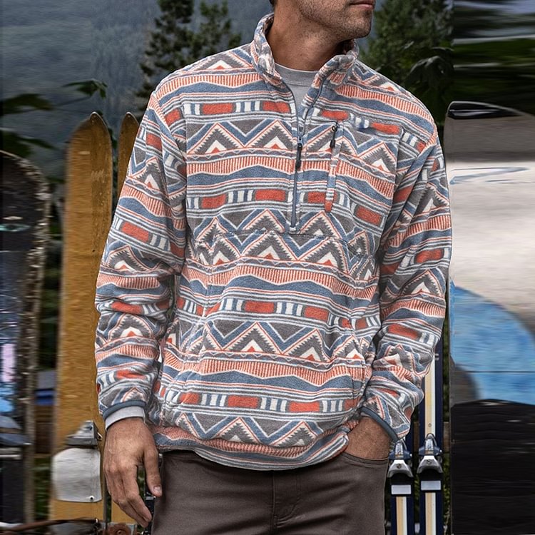 BrosWear Zip Up Collar Tribal Print Sweatshirt