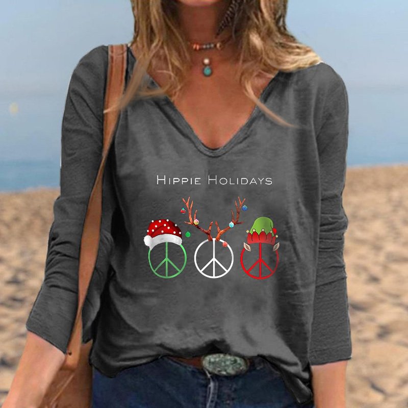 Hippie Holidays Peace Symbol Print Long-sleeved Tee