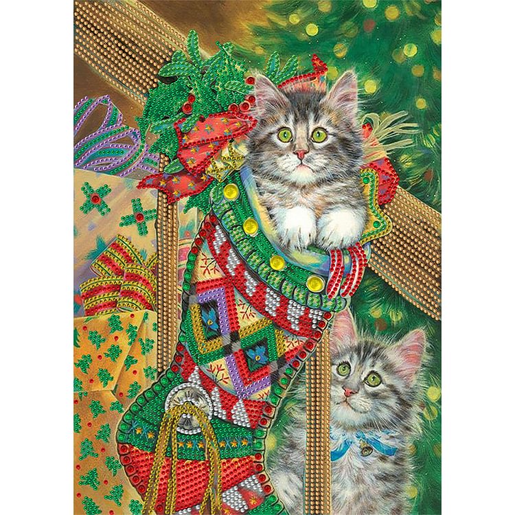 Christmas Stocking Cat - Special Shaped Diamond Painting - 30*40CM
