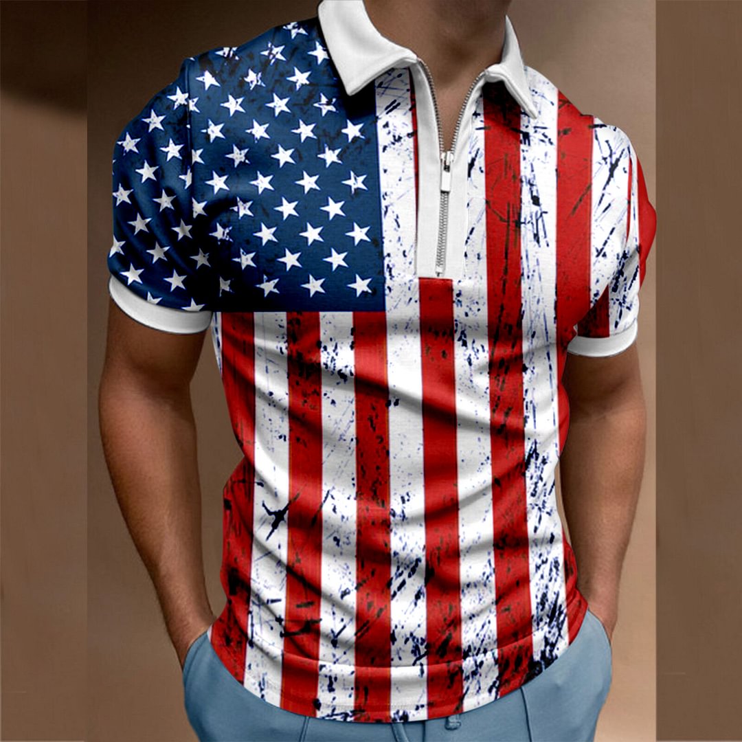 Stars and Stripes Print Summer Zipper Short Sleeve Men's Polo Shirts-VESSFUL