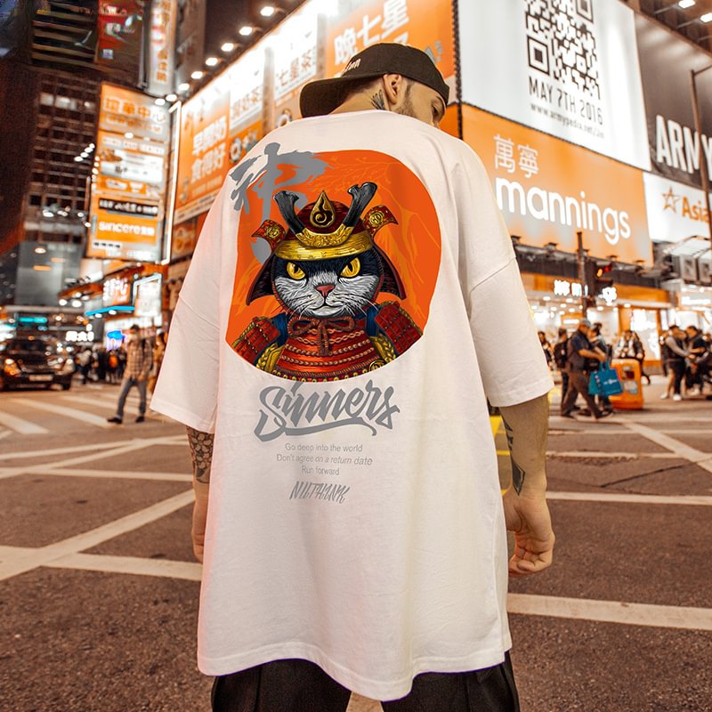 Summer Loose Short-sleeves Hip Hop Couple Cat Print T-shirts-VESSFUL
