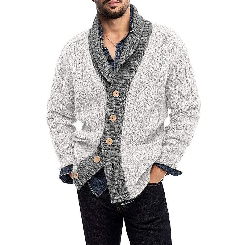 Men's Cardigan Color Blocking Long Sleeve Lapel Knit-Corachic