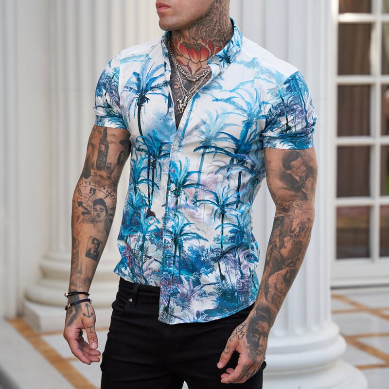 Hawaiian Palm Printing Lapel Collar Short Sleeve Loose Casual Men's Shirt-VESSFUL