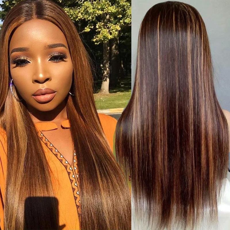 Golden brown mixed color 10-38 inch straight hair, 13×4 hand-woven lace wig