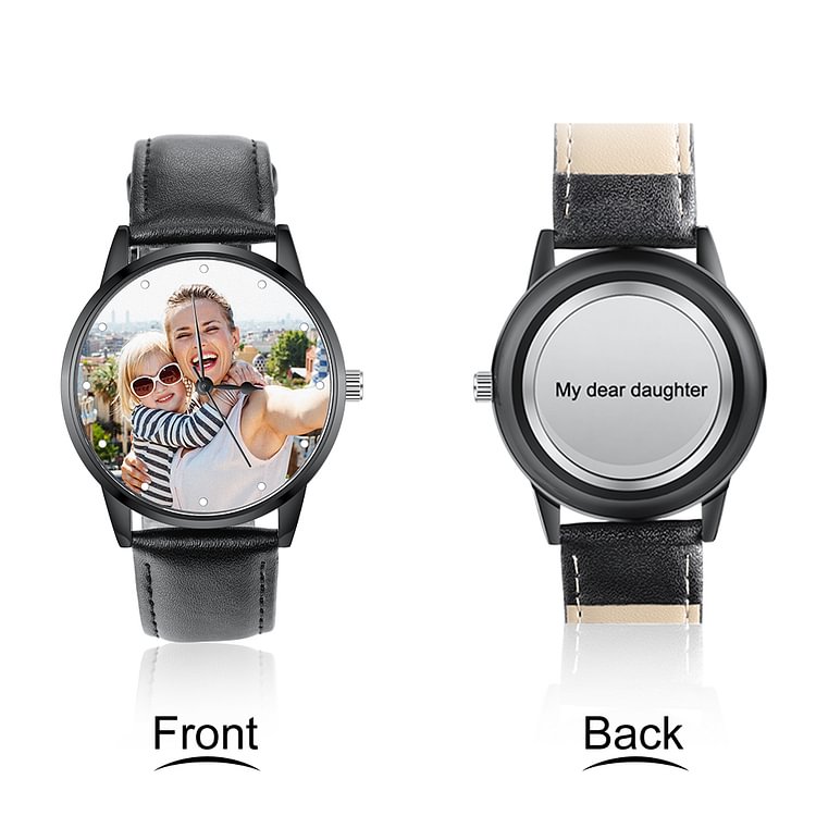 Engraved Photo Watch Black Leather Strap