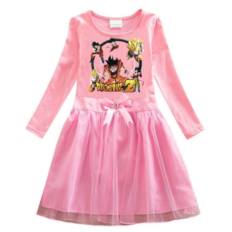 Dragonball Z Print Little Girls Long Sleeve Bow Cotton Tulle Dress-Mayoulove