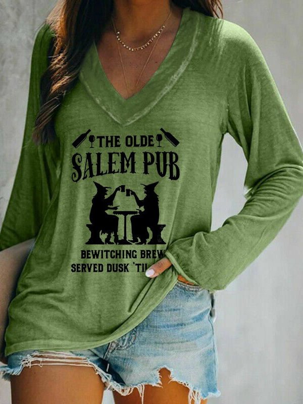 The Olde Salem Pub Witches Print Long Sleeves Casual Halloween Top