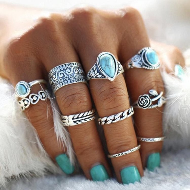 Vintage Totem Flower Turquoise 10-piece Joint Combination Ring-Mayoulove