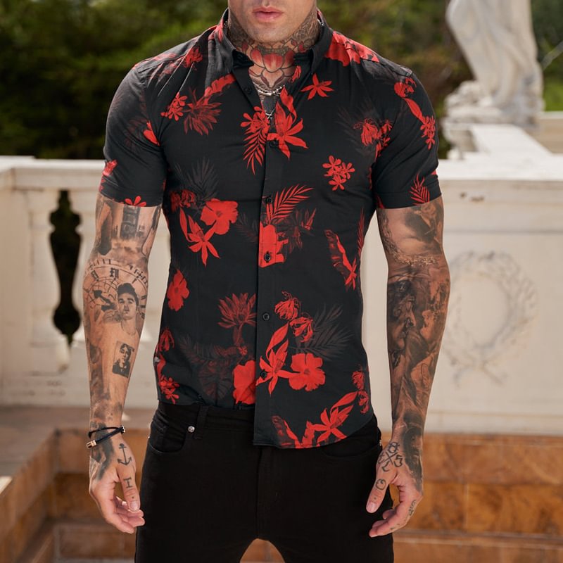 Red Flower Casual Summer Short Sleeve Black Tops Men's Shirts-VESSFUL