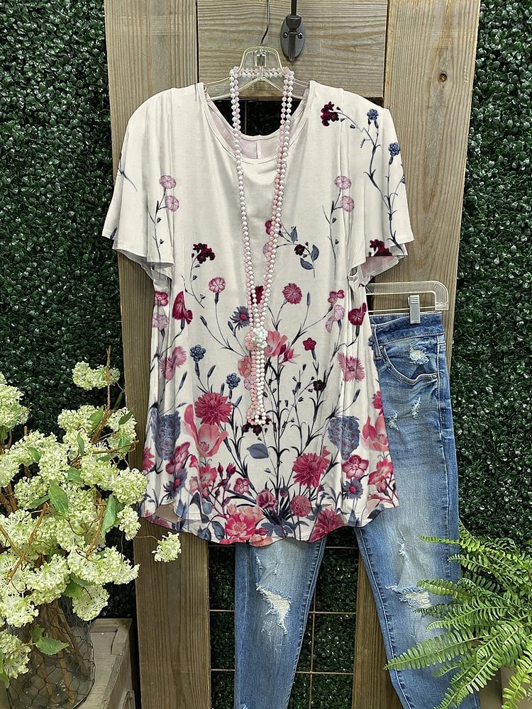 Elegant Lady Floral Print Casual T-shirt-Mayoulove