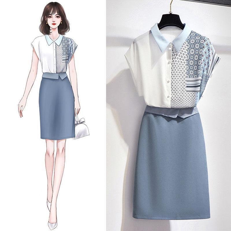 Fashion Colorblock Blouse+Pencil Skirt P11535