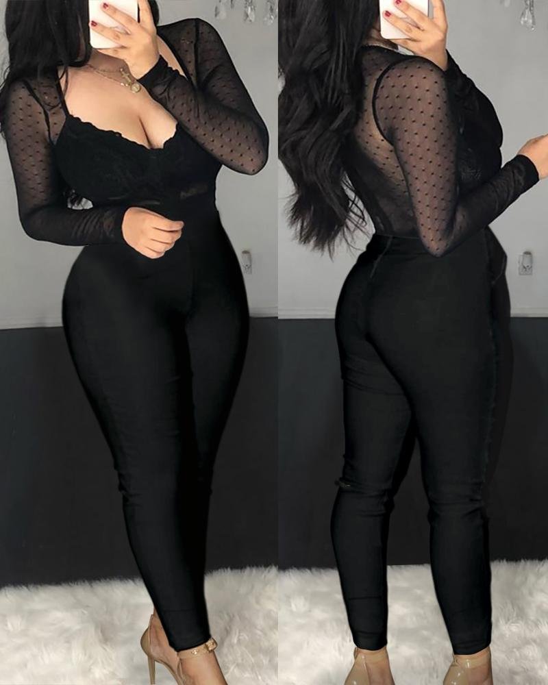 Dot Sheer Mesh Long Sleeve Fitted Jumpsuit P11295