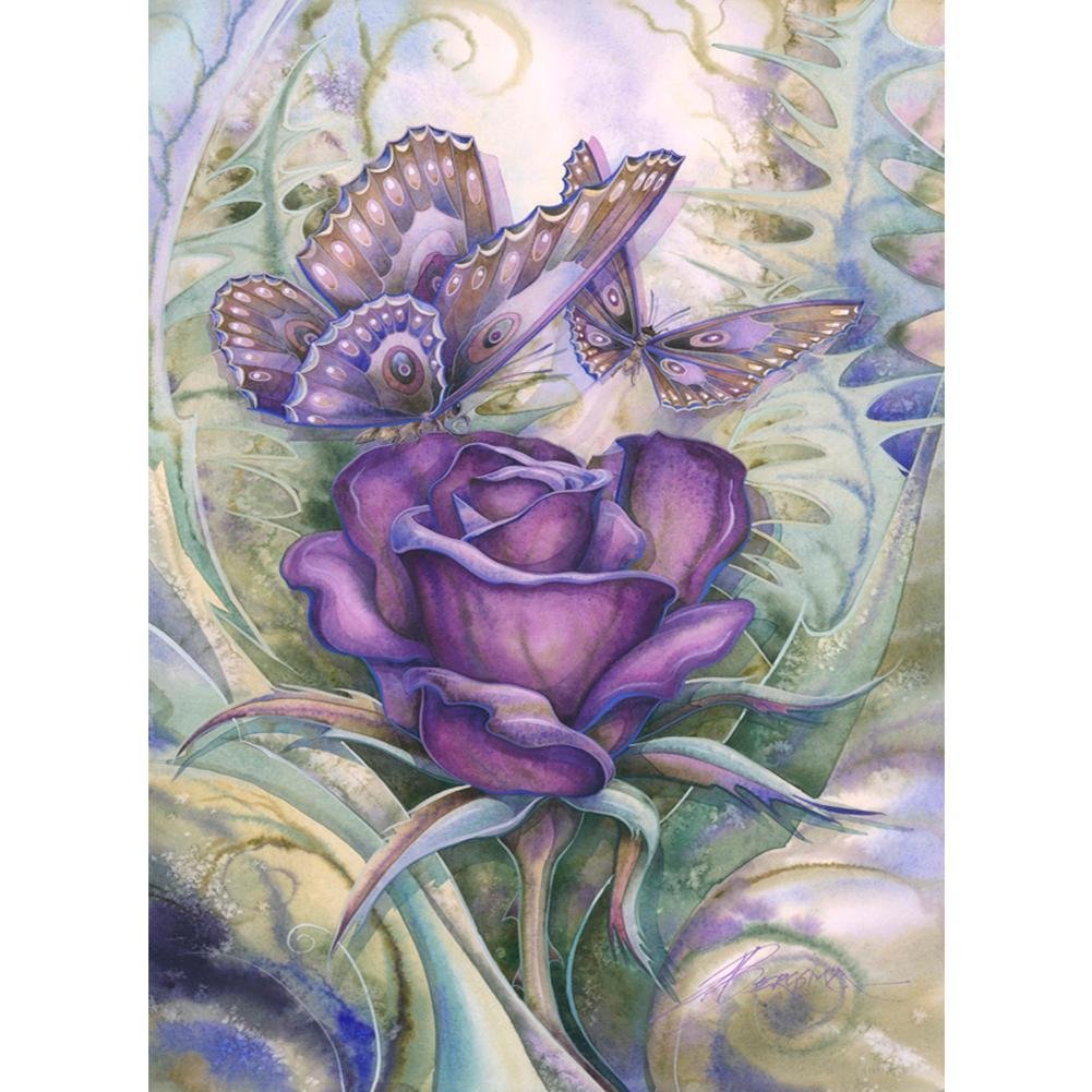 Full Round Diamond Painting Purple Butterfly and Rose (40*30cm)