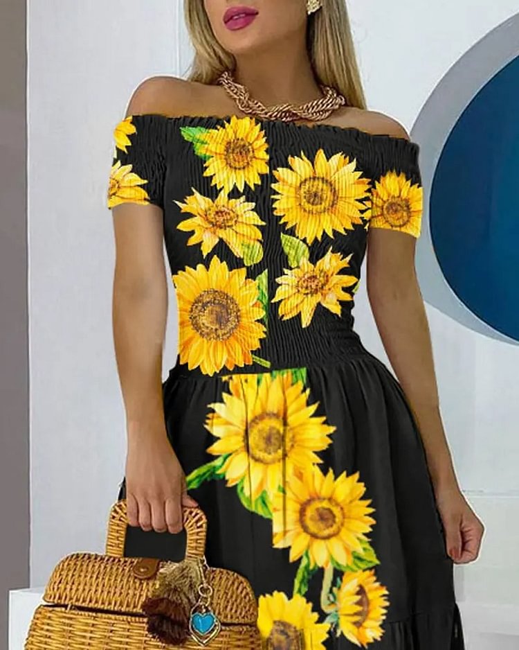 Women's Sunflower Dress Frill Hem Shirred A Line Dress