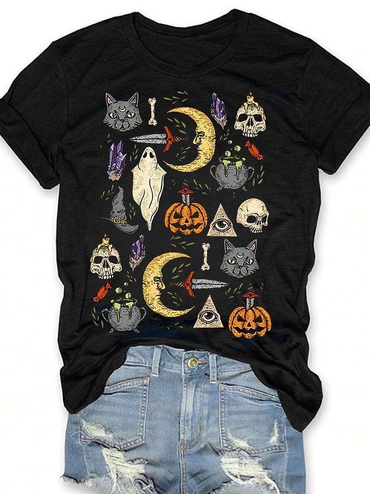 Vintage Halloween Print Short Sleeve T-shirt-Mayoulove