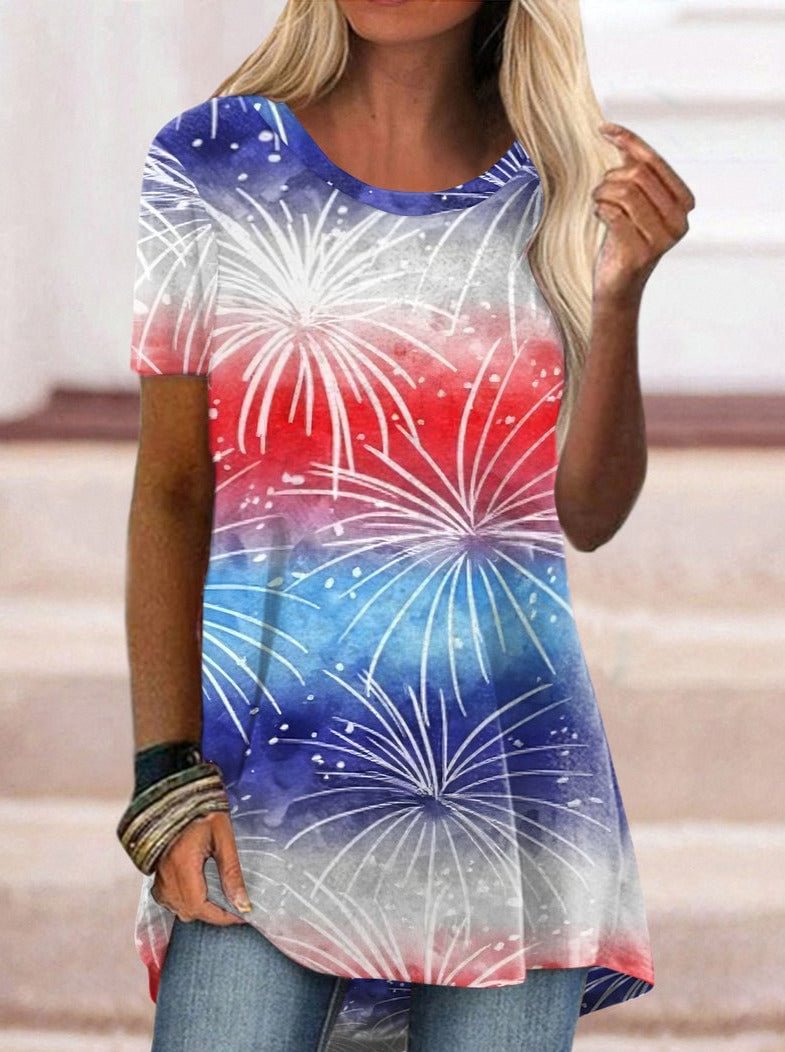 Tie-Dye Colorblock Flag Fireworks Print T-Shirt
