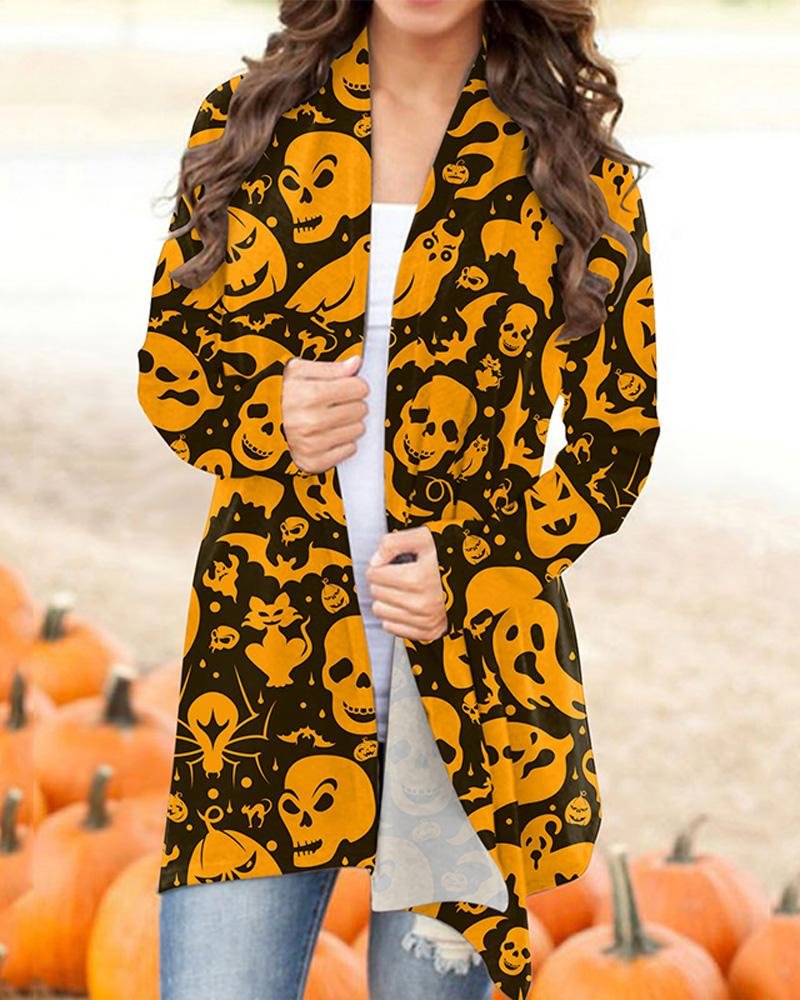 Halloween Skull Print Casual Long Sleeve Cardigan Women