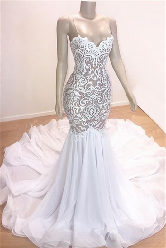 Luluslly Spaghetti-Straps Mermaid Lace Wedding Dress Long