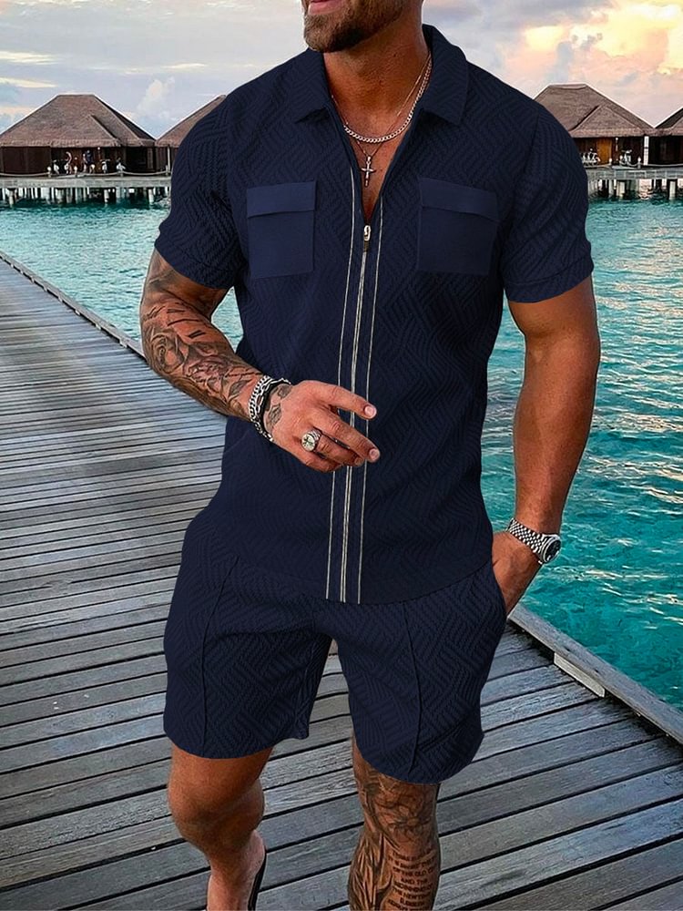 Men's Fashion Lapel Navy Blue Short Sleeve Cardigan Set