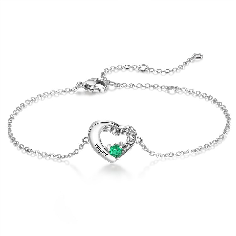 925 Sterling Silver Personalized Heart Bracelet Engraved with 1 Birthstone and 1 Name