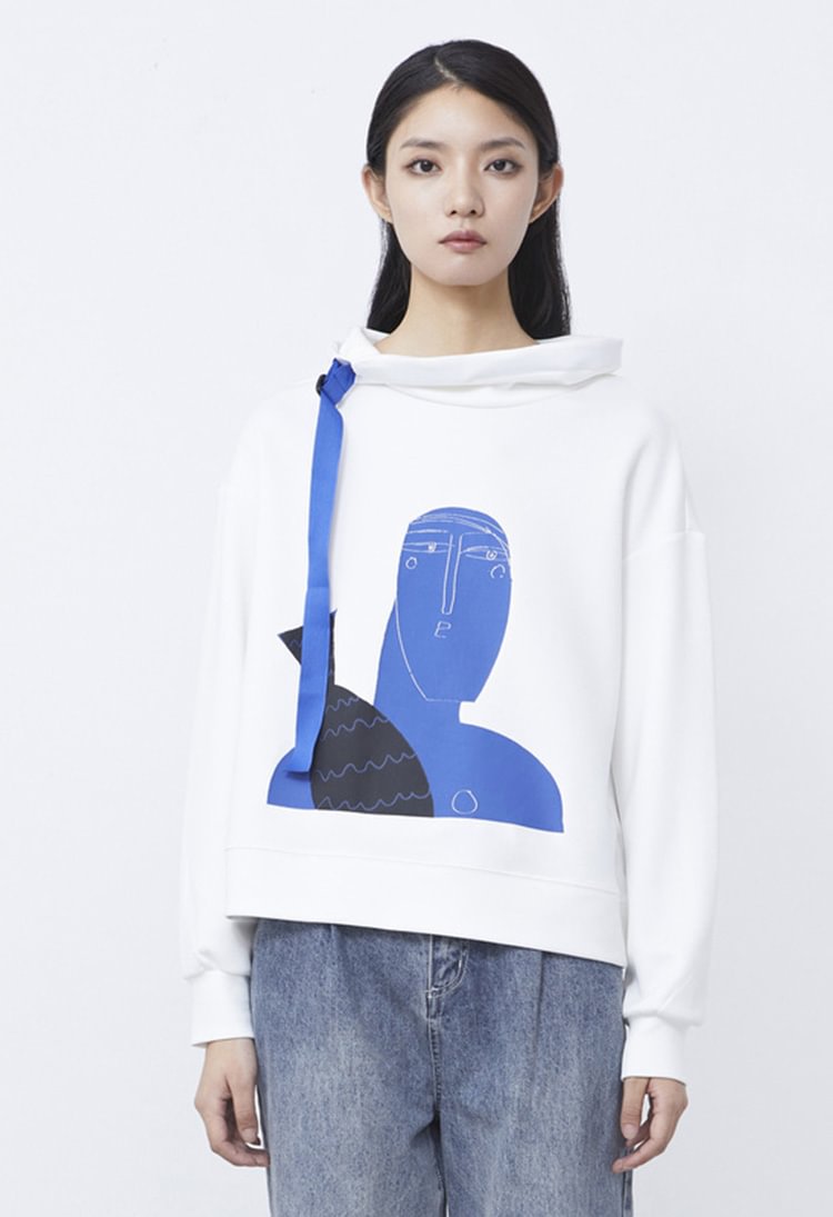 SDEER Personalized High-necked Abstract Offset Printing White Sweater Jacket