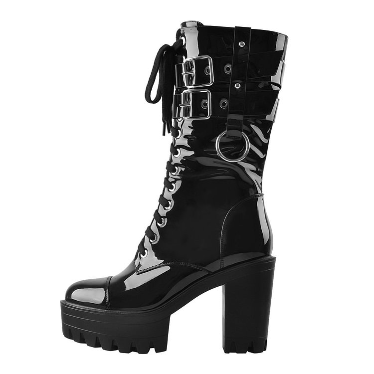 Punk Black Patent Leather Chunky Heel Platform Ankle Boots