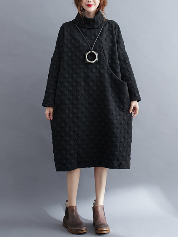 Jacquard High-Neck Long Sleeve Midi Dress