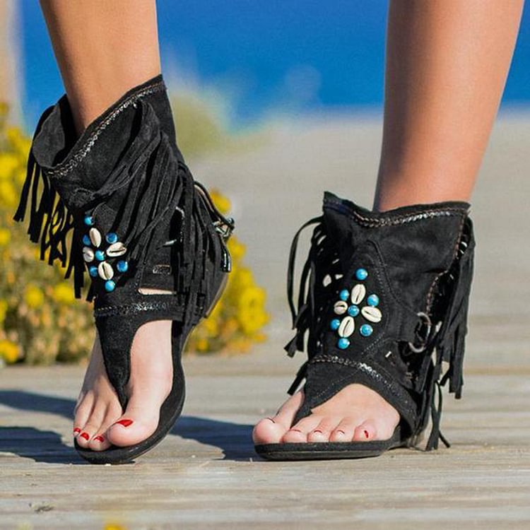 Women's Fringed Flat Flip Flops Sandals Beaded Roman Sandals