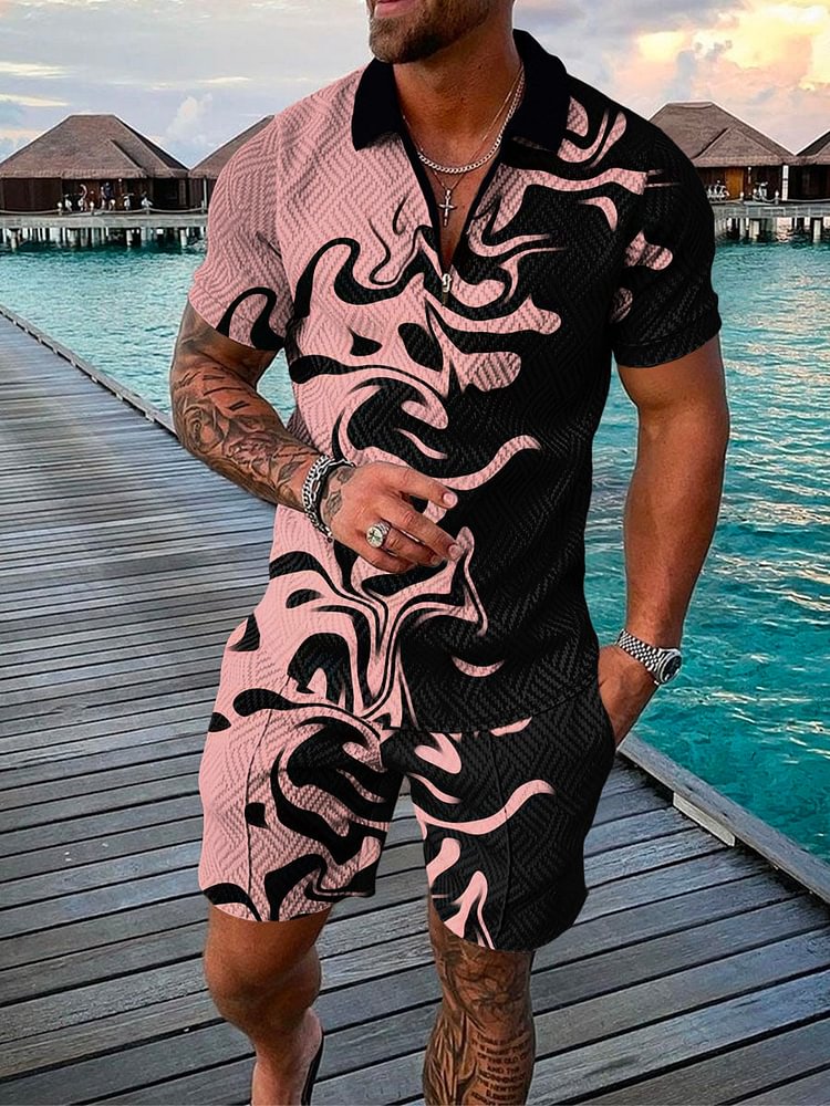 Men's Vacation Abstract Art Printed Polo Suit