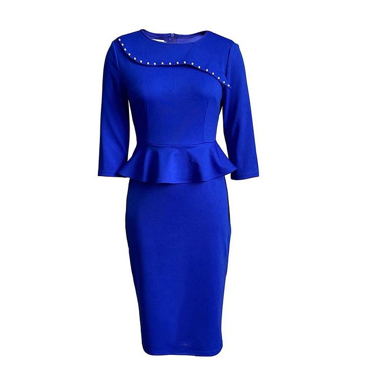 Promsstyle Retro Round Neck 3/4 Sleeve Pearl Decorated Pure Color Bodycon Dress