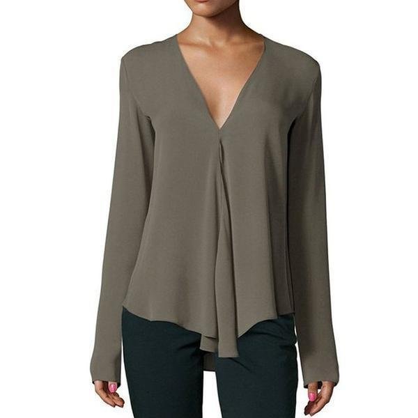 Vintage Women Chiffon Blouse Shirt V-Neck Long Sleeve Casual Plus Size Blouse-Corachic