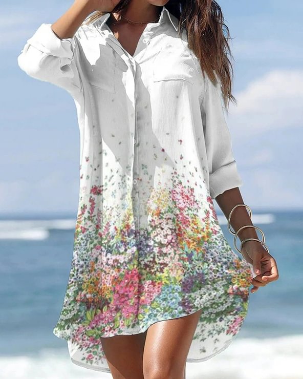 Spring New Fashion Romantic Print Irregular Pocket Shirt Mini Dress