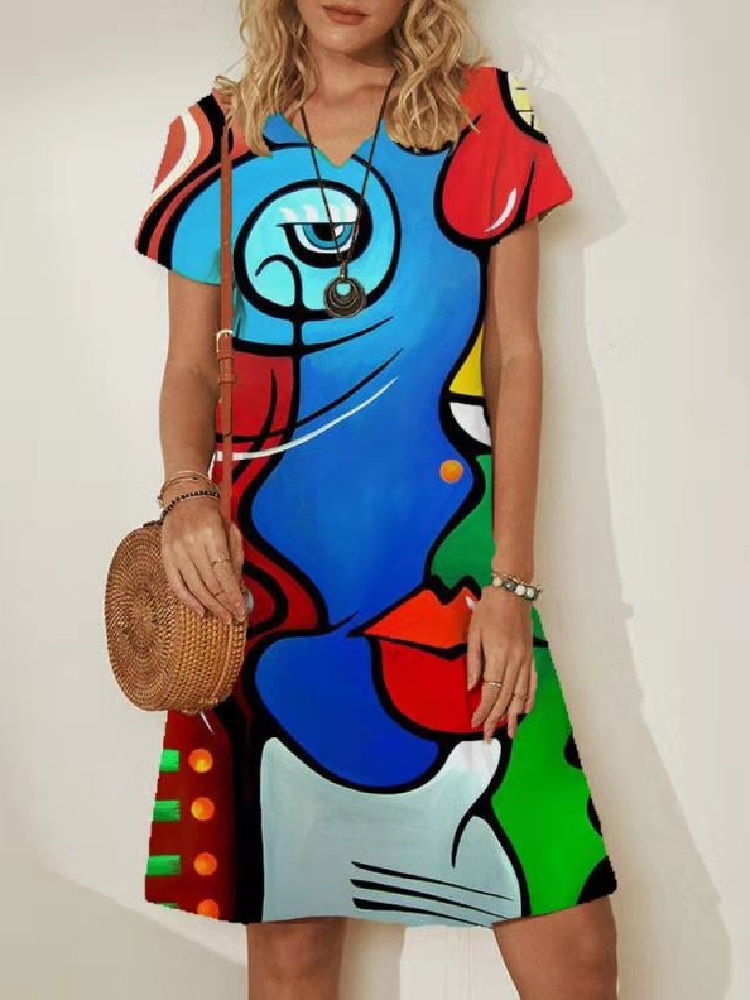 Abstract Print V-neck Short Sleeve Plus Size Midi Dress for Women