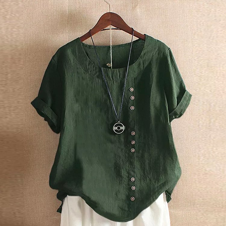 Solid Color Short Sleeve Round Neck Summer T-shirt With Button Linen Shirts for Women