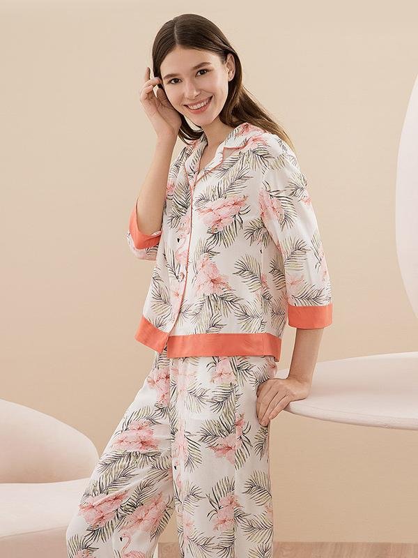 25 Momme Silk Pajamas Set With Flamingos Printed-Real Silk Life
