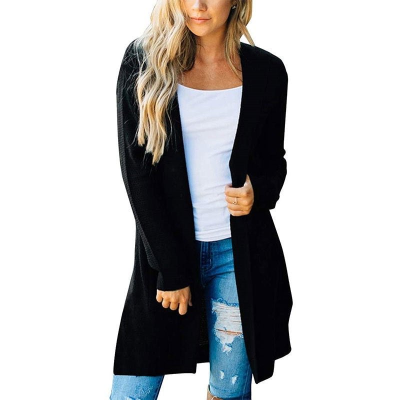 Solid Color Long Women's Long Sleeve Front Cardigan Hooded Knitted Sweater Cardigan Double Pockets-Corachic