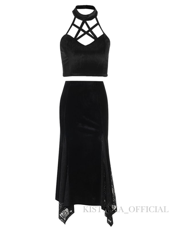 Suede Waistcoat Hollow Out Top+Goth Irregular Lace Suede Midi Skirts