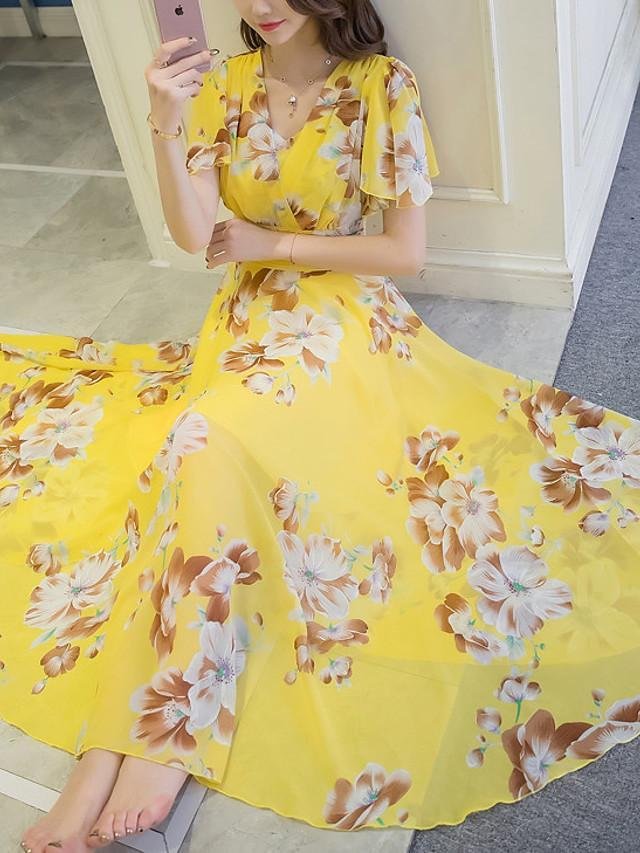Women's Chiffon Dress Midi Dress - Short Sleeve Floral Print Spring Summer V Neck Plus Size Hot Holiday Beach Apricot White Blue Yellow Fuchsia M L XL XXL 3XL 4XL 5XL-Corachic