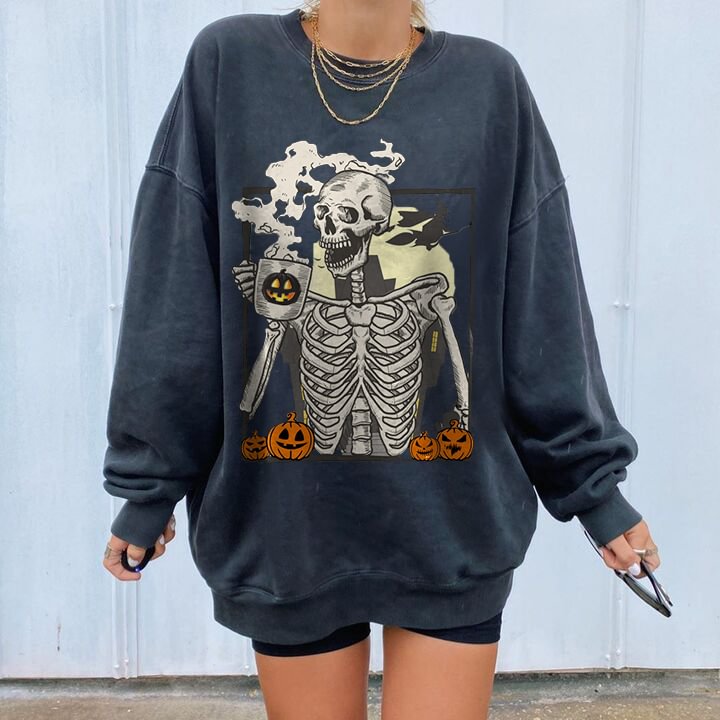   Halloween Pumpkin drinking tea skull Skeleton print sweatshirt  - Neojana