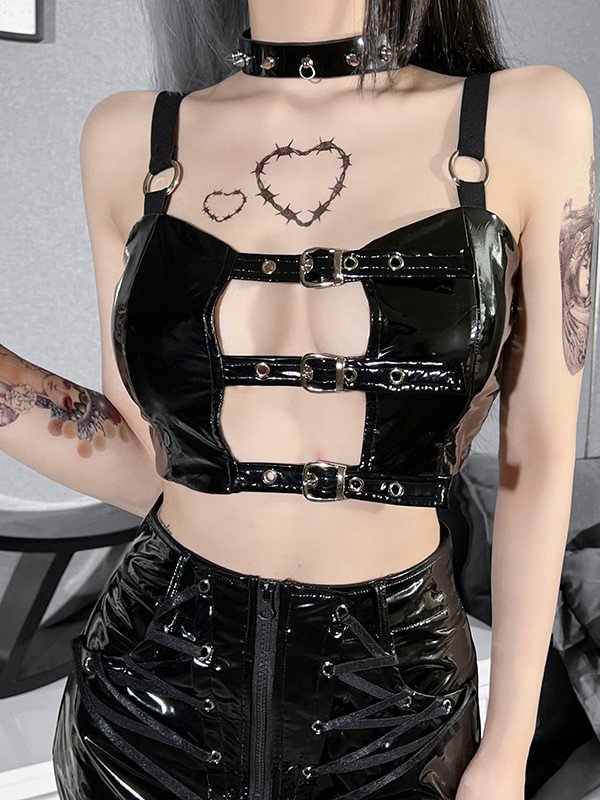 Sexy Girl Buckle Straps Suspended Spaghetti Straps PU Crop Top