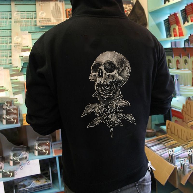Minnieskull Skull Rose Printed Men's Cozy Casual Black Hoodie - Minnieskull