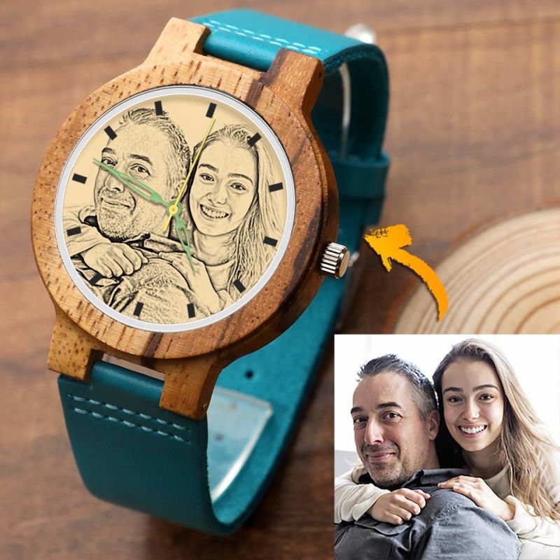 Men's Personalized Engraved Wooden Photo Watch Blue Leather Strap - Zebra Wood