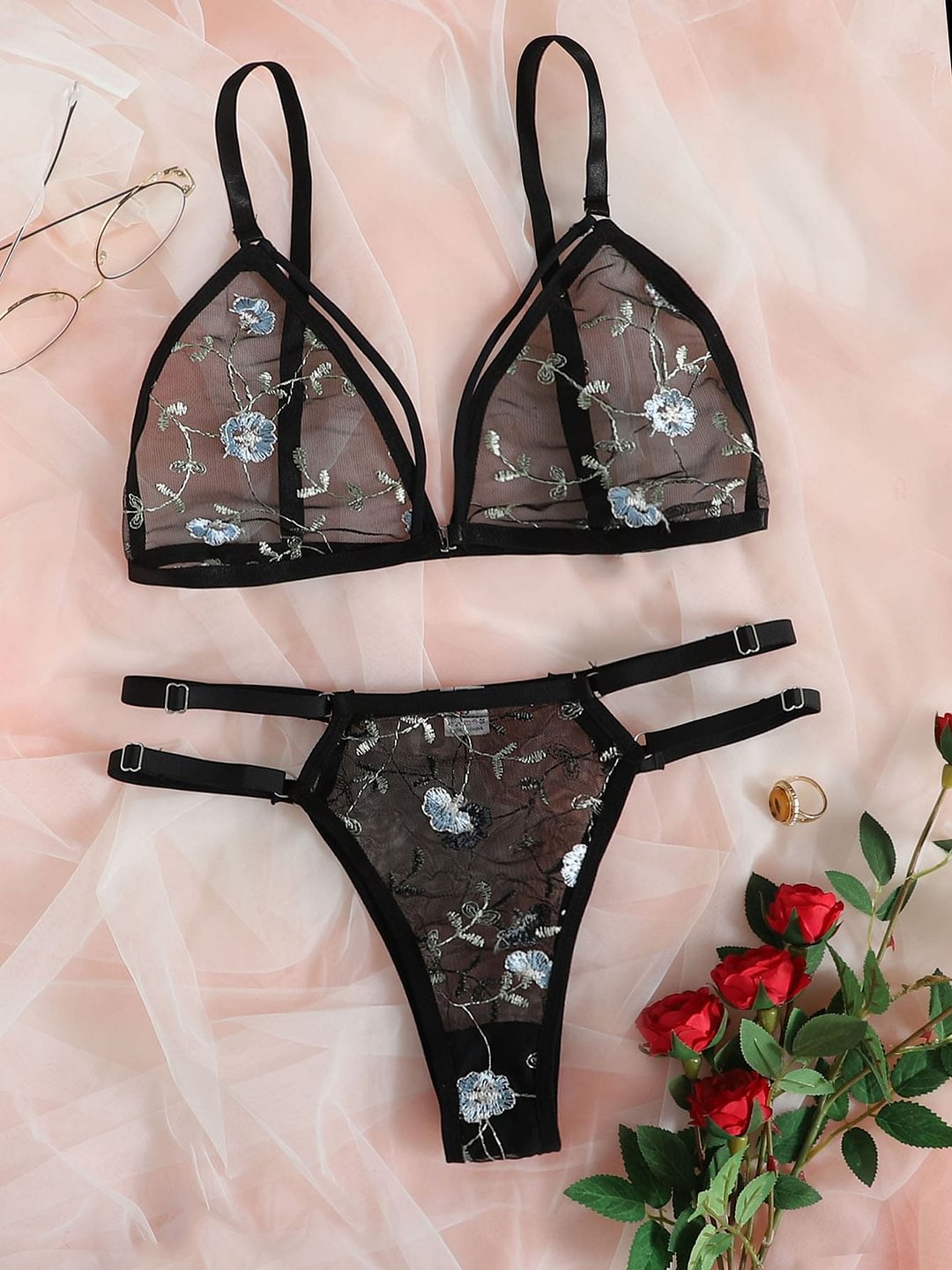 Floral Embroidered Mesh Cut-out Lingerie Set-Icossi
