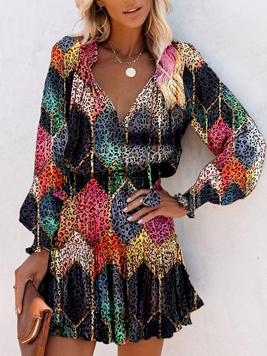 Color Leopard Print Long Sleeve Mini Dress P10906