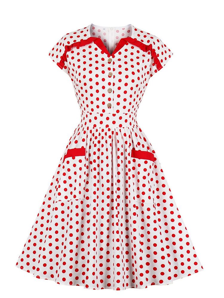 Mayoulove 1950's Dress Polka Dots Lace Button Up with Pockets Audrey Hepburn Dresses-Mayoulove