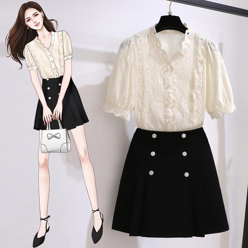 Lace Blouse+Solid Color Skirt P12958