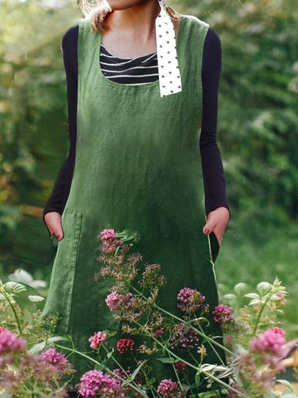 Vintage Scoop Neck Home Garden Double Pockets Apron Dress-Mayoulove