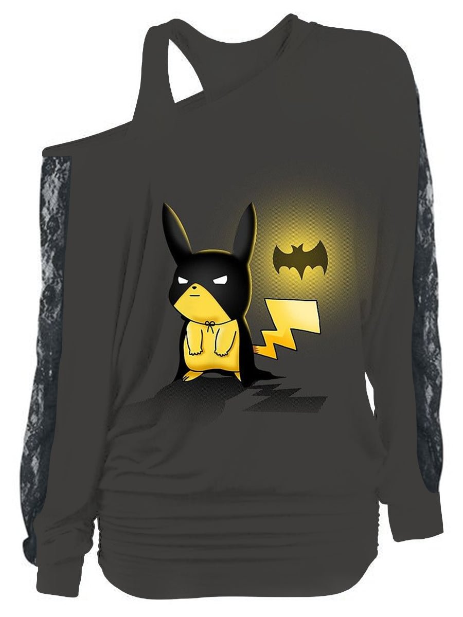 Bat Cartoon Character With Cloak Slanted Neckline Long Sleeve Top