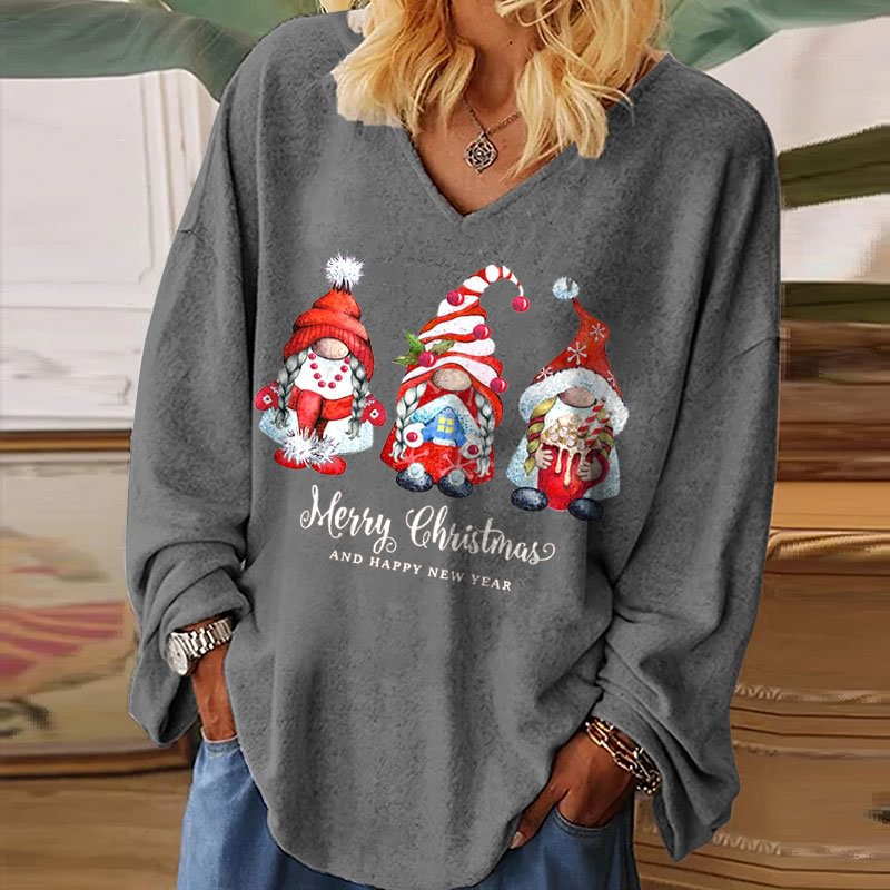 Merry Christmas Gnomes Print Womens V-neck T-shirt