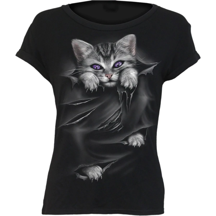 Naughty Cat Print Short Sleeve Round Neck T-shirt